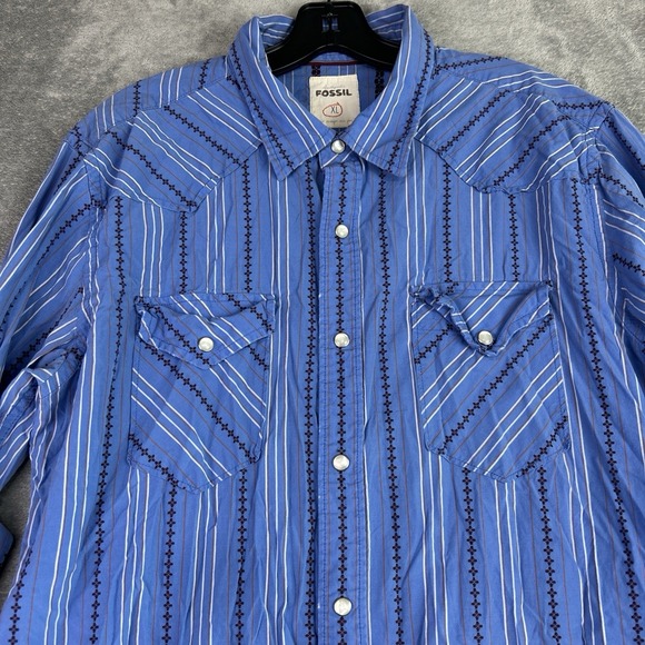 Fossil Vintage Fit Shirt XL Western Blue Brown Button Up Long Sleeve Pearl Snaps - Picture 2 of 11